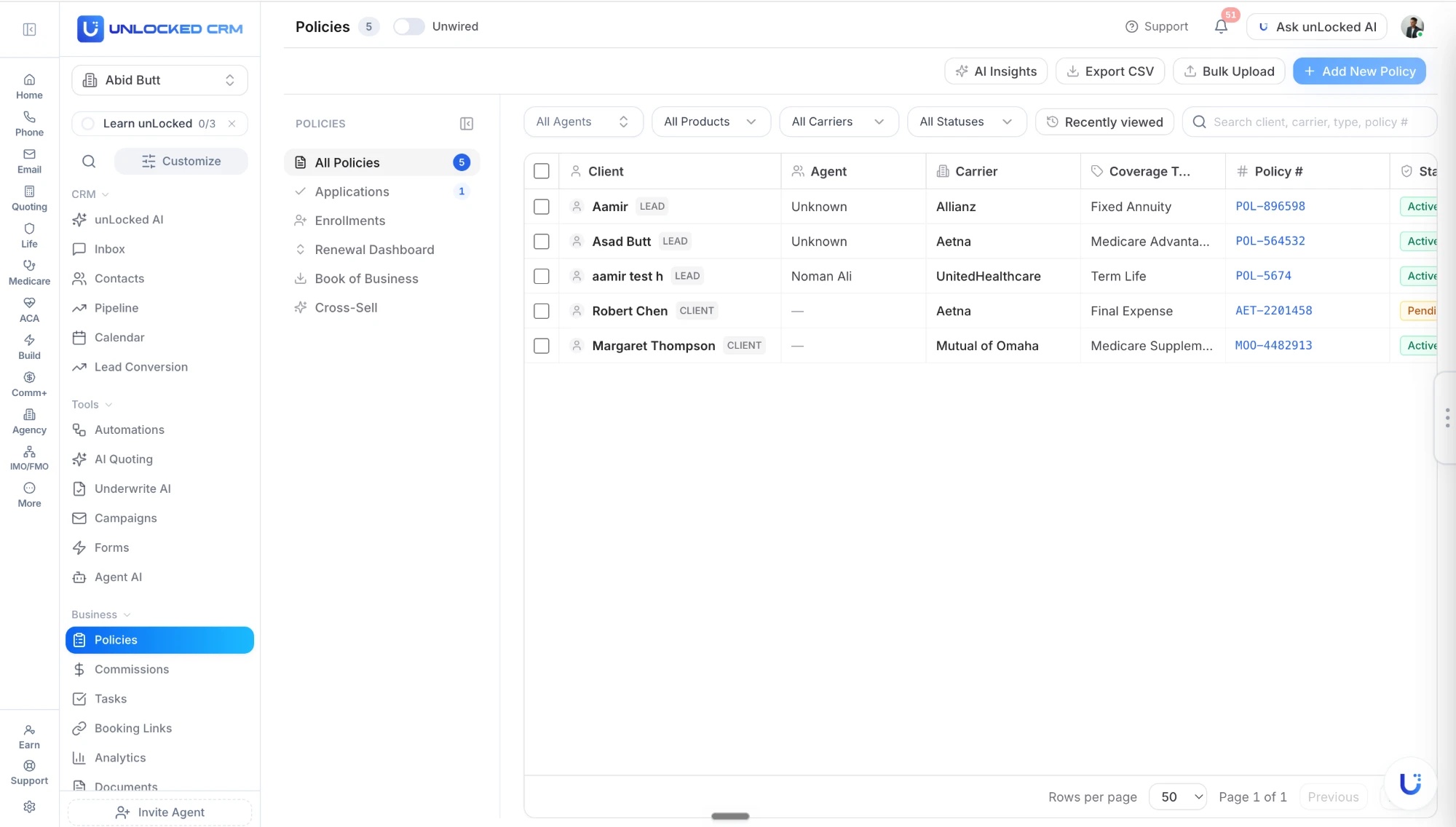unLocked CRM Policies list with All Policies, Applications, Enrollments, Renewal Dashboard, Book of Business, and Cross-Sell in the side panel, agent, product, carrier, and status filters, and a table of policies with client, agent, carrier, coverage type, policy number, and status